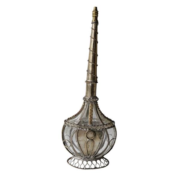 Vintage Moroccan Perfume Bottle‎ Sprinkler Handmade Embossed Metal Glass Overlay - Picture 3 of 8
